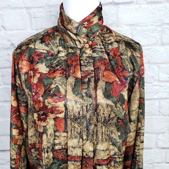 Vintage High Neck Gold Red Green Polyester Blouse Sz 6 - Picture 2 of 14